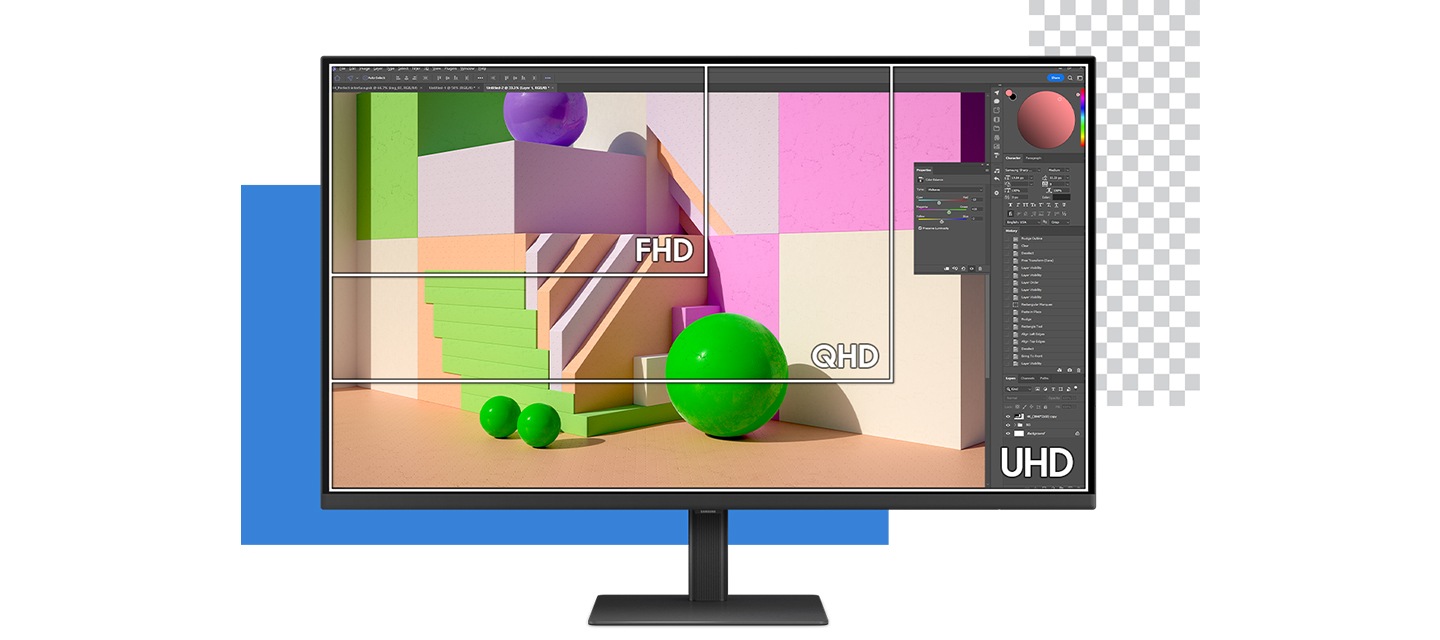모니터 내부로 FHD, QHD, UHD 해상도 영역을 나누어 화질의 차이를 보여주고 있습니다.