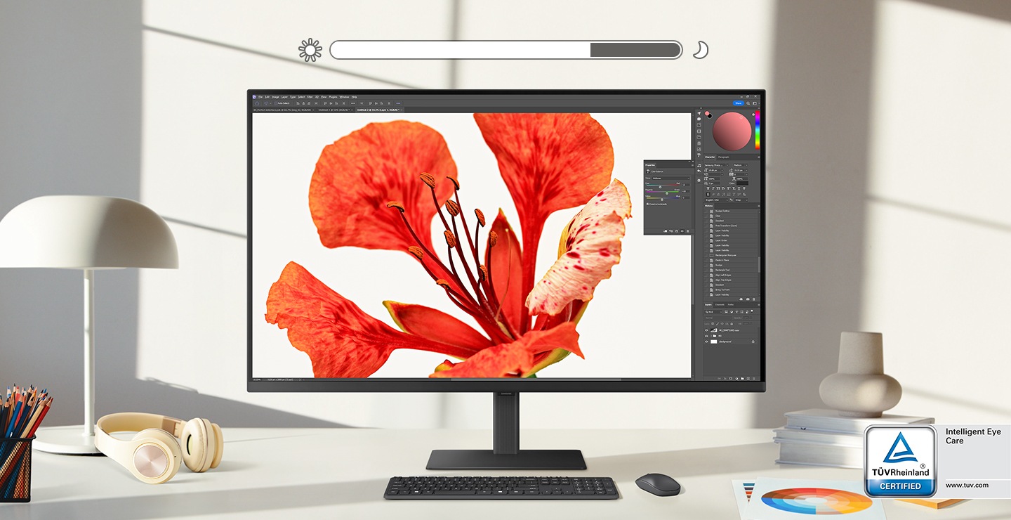 밝은 낮 시간대에 모니터의 화면 밝기와 색온도가 최적화되어 있는 모습을 보여주고 있습니다.