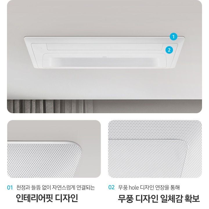 리모델링 주거 공간을 위한 인테리어핏 판넬이 설치된 천장의 모습입니다. 좌측에는 판넬 모서리 부분을 확대한 이미지와 함께 천장과 들뜸 없이 자연스럽게 연결되는 인테리어핏 디자인이라는 문구가 있고, 판넬의 무풍홀 부분 확대한 이미지와 함께 무풍hole 디자인 연장을 통해 무풍 디자인 일체감 확보라는 문구가 있습니다.