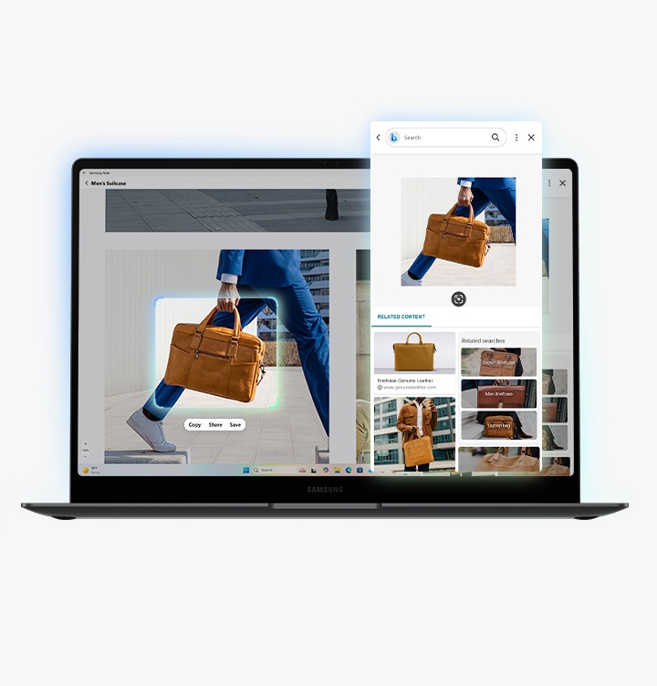 [​갤럭시 북5 Pró 화면에 표시된 갈색 서류 가방을 Á~Í 셀렉트 기능을 활용해 원으로 둘러 선택하면, ÁÍ가 이미지를 분석해 관련 정보를 검색해줍니다.]