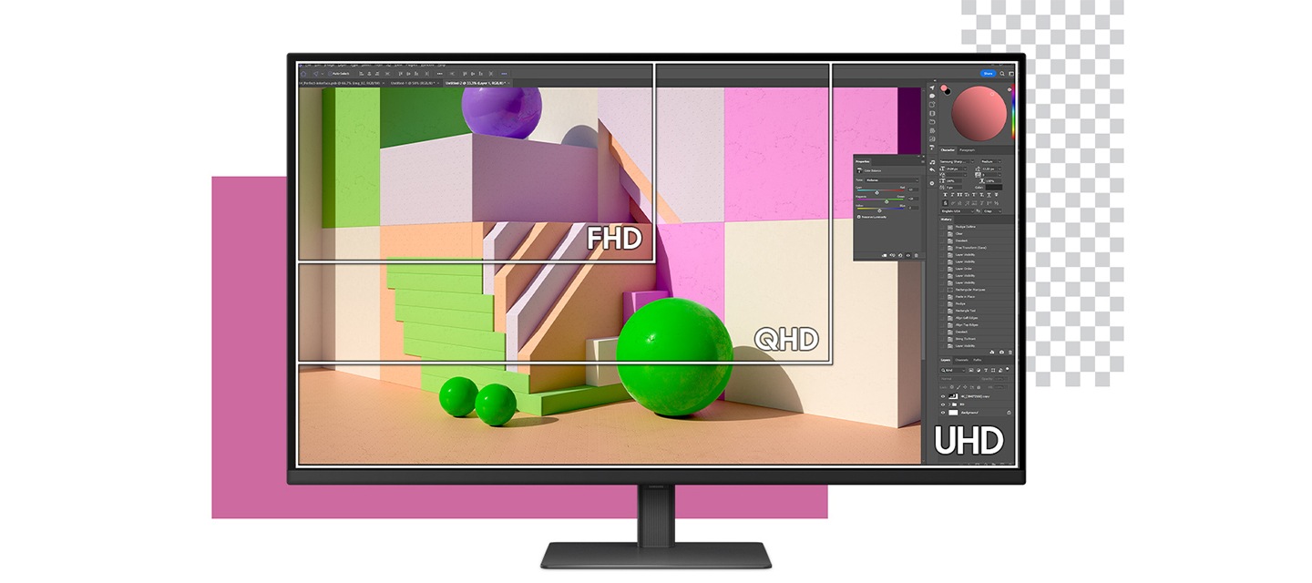 UHD / QHD / FHD 해상도 사이즈를 비교하여 보여주고 있습니다. 모니터 화면에는 포토샵 작업이미지를 보여주고 있습니다. 