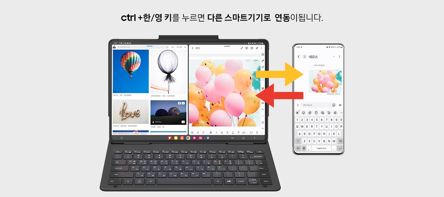 탭이 결합된 커버와 갤럭시 스마트폰이 있습니다. 스마트폰 화면의 이미지와 탭 화면에 보여지는 이미지가 동일하며, 서로 공유됨을 화살표로 표현하고 있습니다. 이미지 상단에는 ctrl+한명키를 누르면 다른 스마트키키로 연동이 됩니다. 라는 텍스트가 있습니다.
