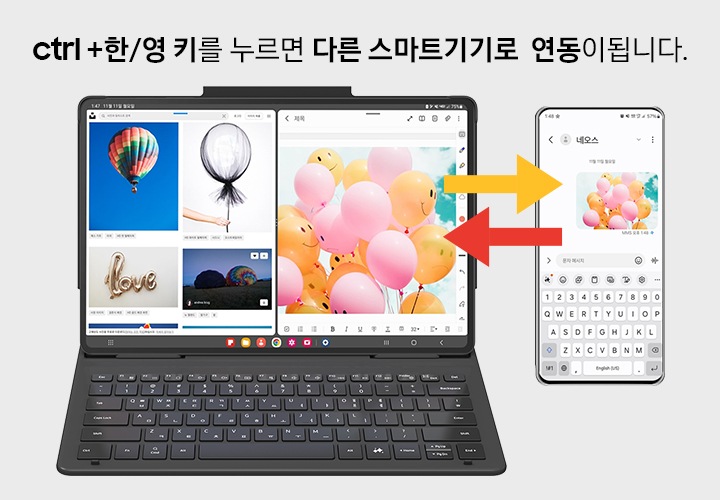 탭이 결합된 커버와 갤럭시 스마트폰이 있습니다. 스마트폰 화면의 이미지와 탭 화면에 보여지는 이미지가 동일하며, 서로 공유됨을 화살표로 표현하고 있습니다. 이미지 상단에는 ctrl+한명키를 누르면 다른 스마트키키로 연동이 됩니다. 라는 텍스트가 있습니다.
