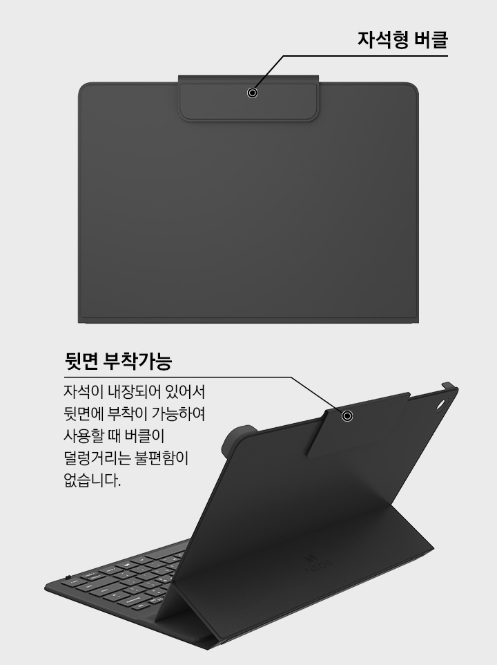 좌측에는 닫혀있는 커버의 자석형 버클 위치를 표기하여 보여주는 이미지이며, 우측에는 오픈된 상태의 커버 후면을 보여주며 자석이 내장되어 있어서 뒷면에 부착이 가능하여 사용할때 버클이 덜렁거리는 불편함이 없음을 표기하여 보여주는 이미지입니다.