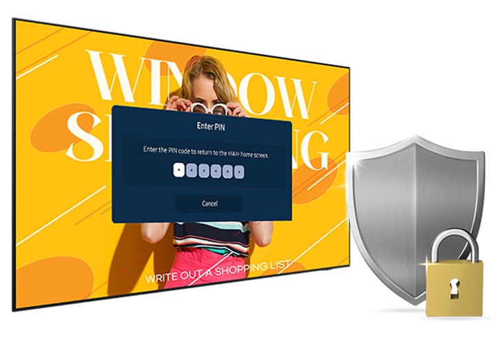 좌측에는 보안 비밀번호를 확인받고 있는 비즈니스TV가 있으며, 우측에는 자물쇠 아이콘으로 비밀번호 잠금을 표현해 보여주고 있습니다.