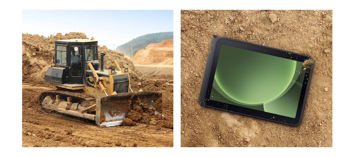 좌측에는 불도저가 땅을 파고 있는 사진이 있습니다. 오른쪽에는 땅 위에 살짝 흙이 묻은채 놓여 있는 갤럭시 탭 액티브5 프로 제품의 모습이 있습니다. 디스플레이에는 녹색 음영의 그래픽이 띄워져 있습니다.