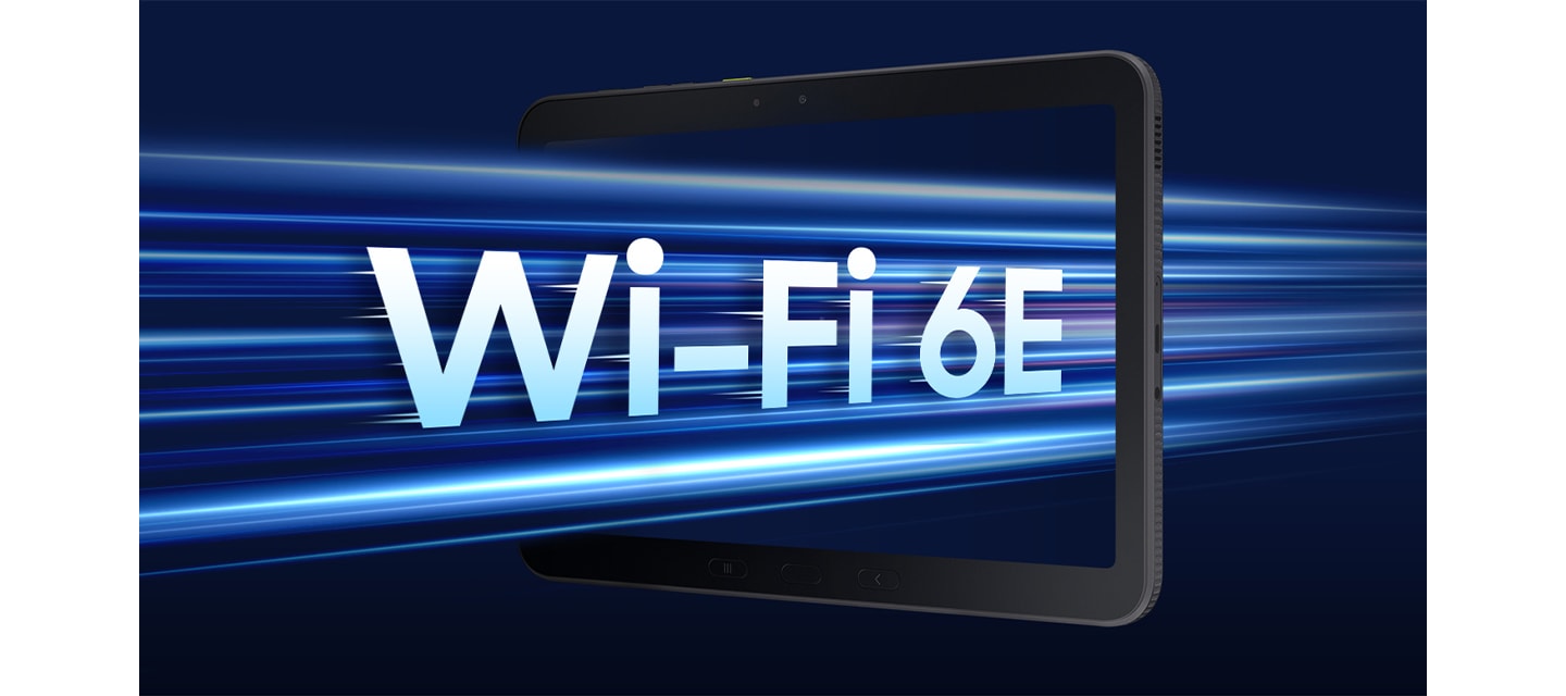 갤럭시 탭 액티브5 프로가 약간 왼쪽으로 기울어진 채 공중에 떠 있습니다. 파란색 빛이 제품을 관통하며 Wi-Fi 6E 텍스트가 나타나 빠르고 안정적인 무선 연결을 강조합니다.