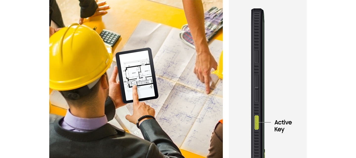 왼쪽은 안전모를 착용한 작업자들이 청사진이 놓인 테이블 주위에 모여 있는 모습입니다. 한 사람이 갤럭시 탭 액티브5 프로를 들고 화면에 같은 청사진을 표시합니다. 오른쪽은 갤럭시 탭 액티브5 프로의 측면 확대 이미지이며 액티브 키가 강조되어 있습니다.