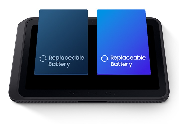 갤럭시 탭 액티브5 프로가 위쪽를 향해 있으며 화면에는 파란색으로 표현된 2개의 배터리 블록이 표시되어 있습니다. 왼쪽 블록은 사용 중이 아님을 나타내기 위해 어둡게 표시되고 오른쪽 블록은 활성 사용을 나타내기 위해 밝게 표시됩니다. 두 블록 모두 교체 아이콘과 교체 가능 배터리 라벨이 함께 표시되고 있습니다.