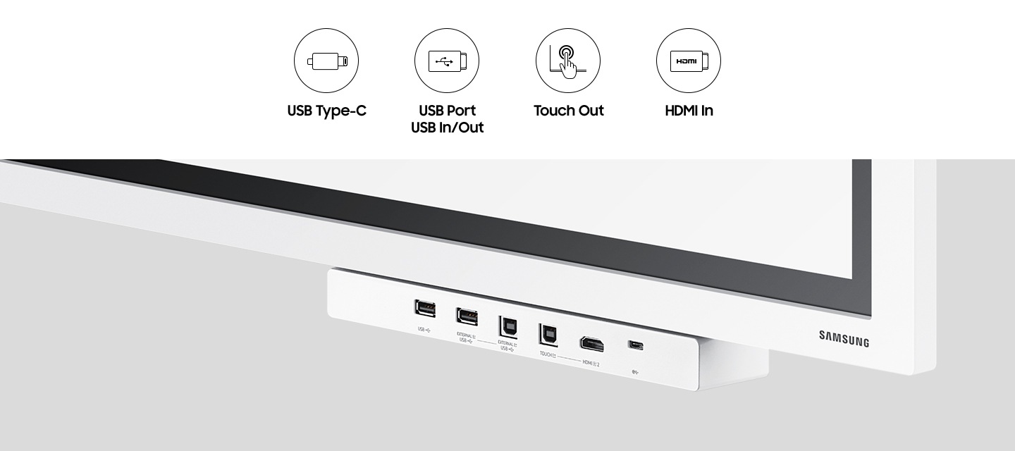 Flip Pro에 설치된 옵션트레이를 확대하여 보여주고 있으며, 위로 usb type-c, usb port, usb in&out, touch out, hdmi in 의 기능명칭과 아이콘이 있습니다.