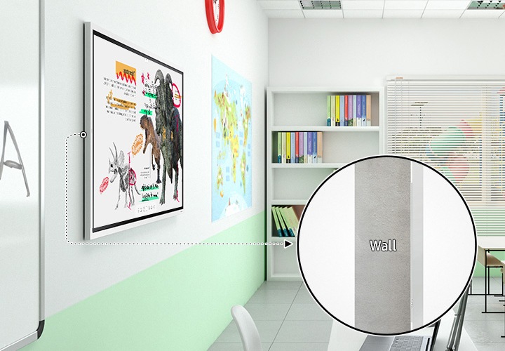 교실 정면 벽에 설치된 Flip 이 있고 벽면과 Flip의 빈틈을 확대하여 최소화한 것을 보여주고 있습니다.