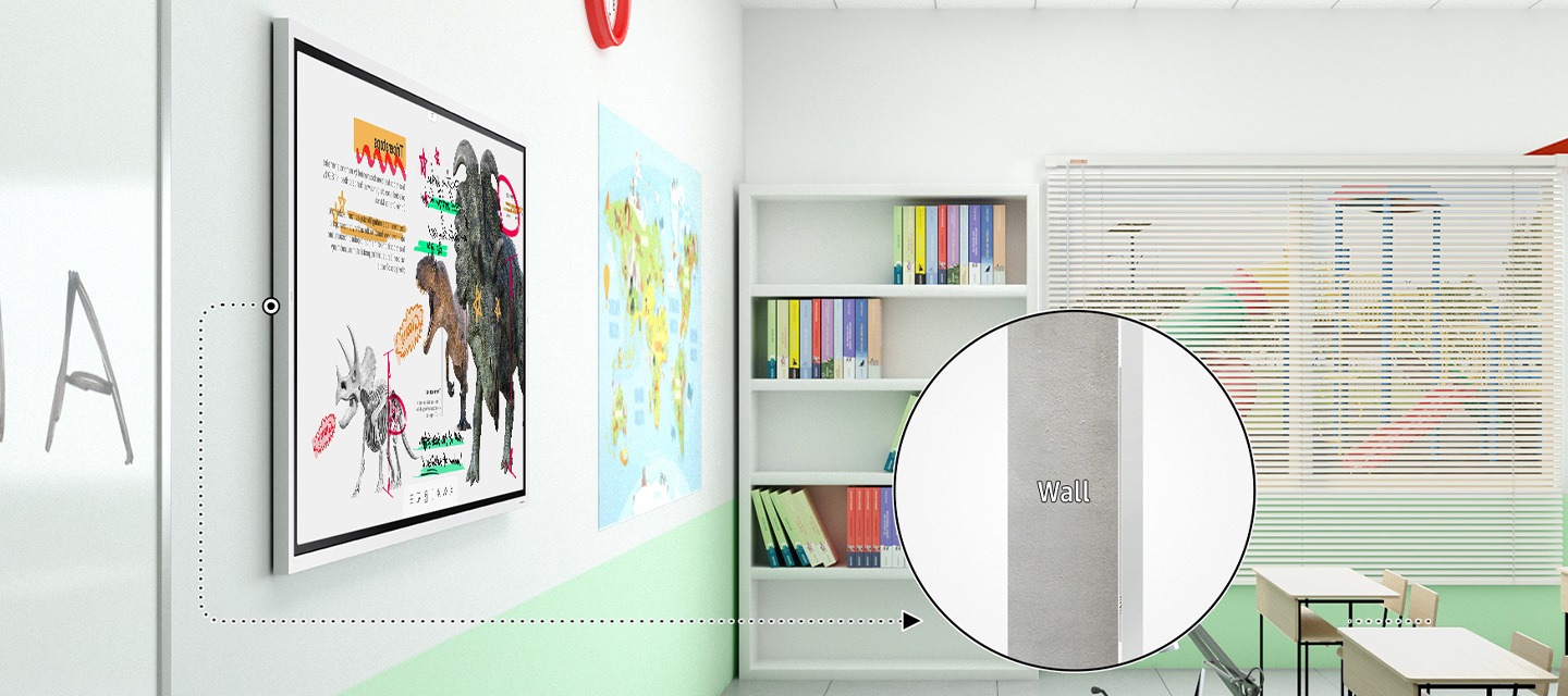 교실 정면 벽에 설치된 Flip 이 있고 벽면과 Flip의 빈틈을 확대하여 최소화한 것을 보여주고 있습니다.