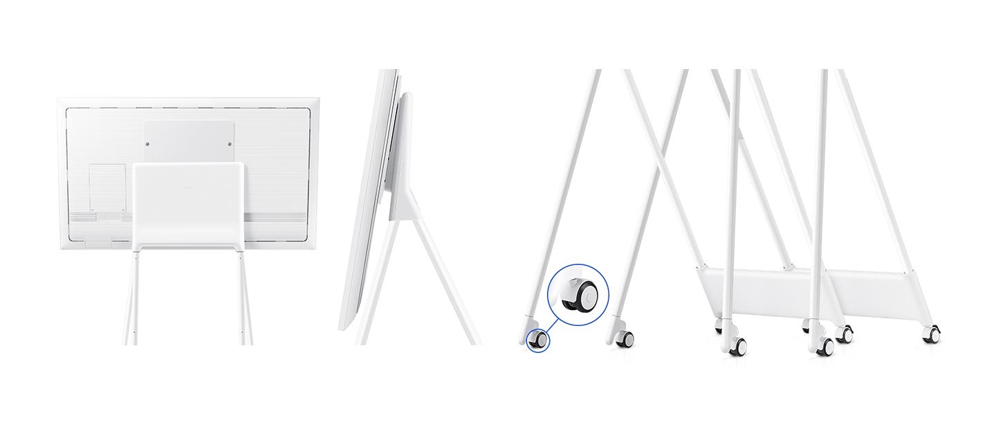 플립에 설치된 스탠드의 후면, 측면, 바퀴부분을 확대하여 보여주고 있습니다.