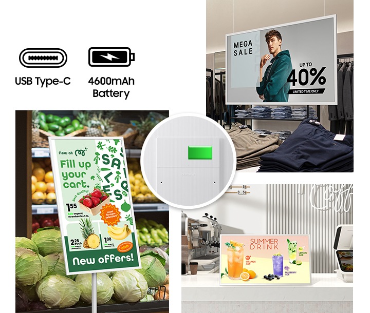 여러종류의 매장에 있는 E-Paper의 이미지가 있고, 중앙에 내장배터리 이미지가 있습니다.
