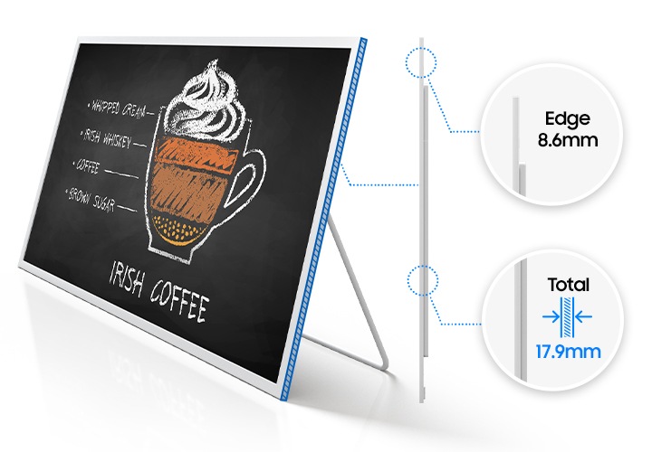 카페 메뉴가 디스플레이된 E-Paper의 측면이 보이고 엣지 8.6mm, enRp 17.9mm 임을 표기하여 보여주고 있습니다.