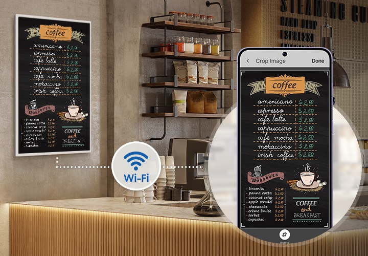 카페 벽면에 설치된 E-Paper와 동일한 화면을 디스플레이 중인 스마트폰의 모습니다. Wi-Fi를 통해 연결되어 있음을 표현하고 있습니다.