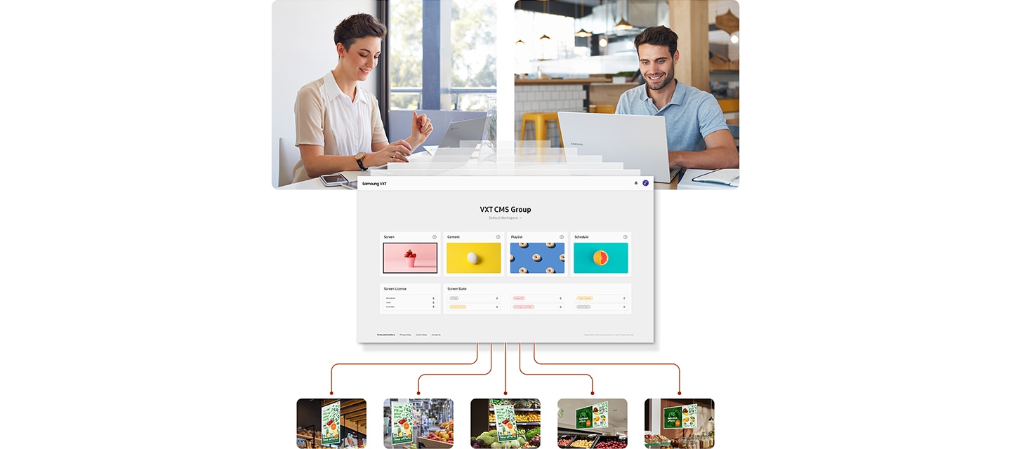 삼성 VXT를 사용 중인 남,녀의 모습 아래로 VXT CMS를 통해 5개의 매장에 비치된 E-Paper 화면을 제어할 수 있음을 표현하고 있습니다.