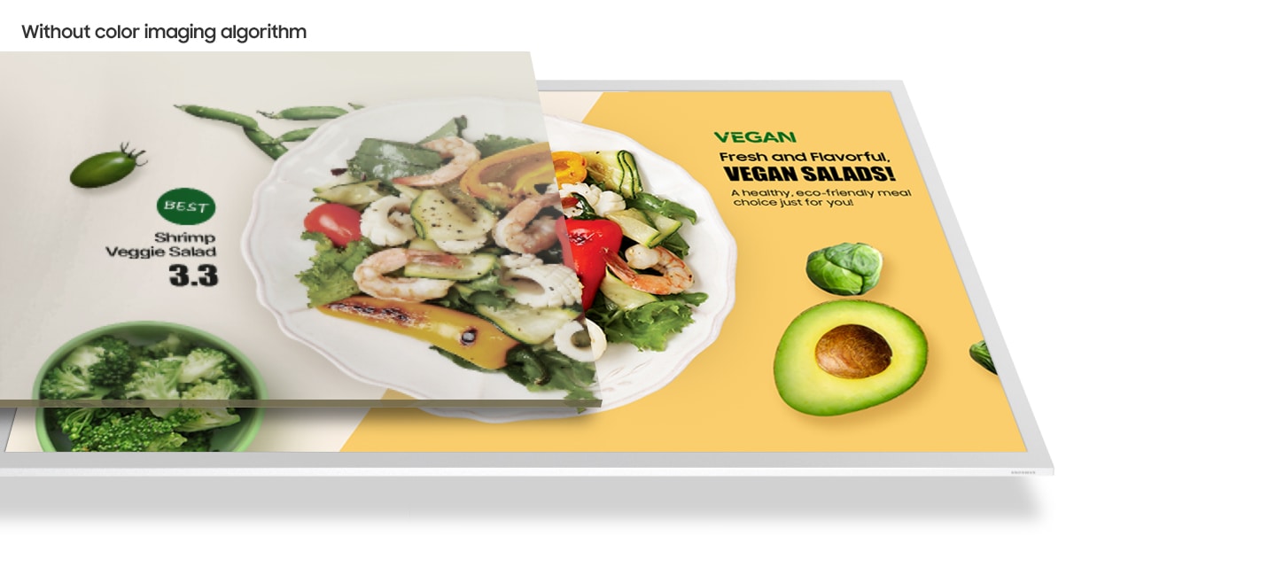 좌측에는 동일한 이미지의 종이 인쇄물이 있고, 우측에는 E-Paper에 디스플레이되어 있는 모습입니다. E-Paper에 디스플레이된 이미지가 더 선명한 색상으로 보여지고 있음을 나타내고 있습니다.