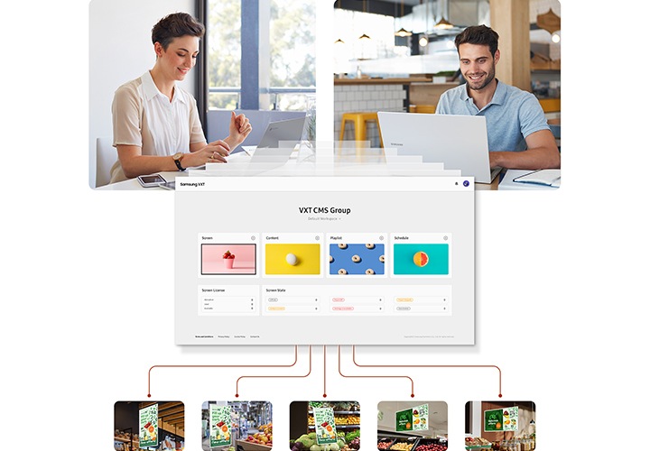 삼성 VXT를 사용 중인 남,녀의 모습 아래로 VXT CMS를 통해 5개의 매장에 비치된 E-Paper 화면을 제어할 수 있음을 표현하고 있습니다.