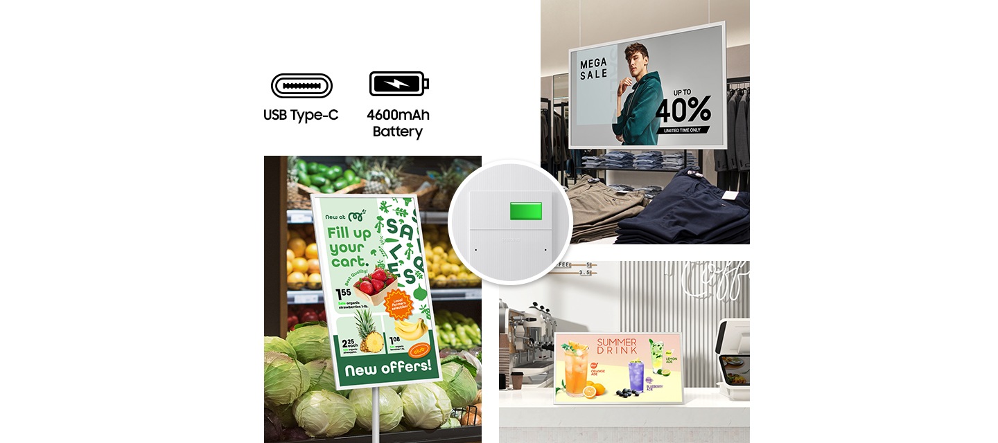 여러종류의 매장에 있는 E-Paper의 이미지가 있고, 중앙에 내장배터리 이미지가 있습니다.