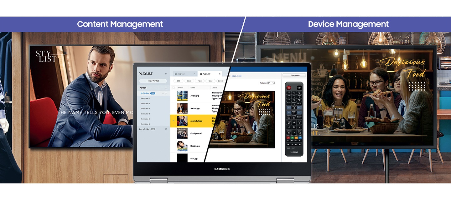 [Mágí~cÍÑF~Ó™ 을 통해 컨텐츠나 디바이스를 컨트롤하고 있는 노트북 화면이 중앙에 있고, 좌측은 컨텐츠 관리, 우측은 디바이스 관리를 예시로 보여주고 있습니다.]