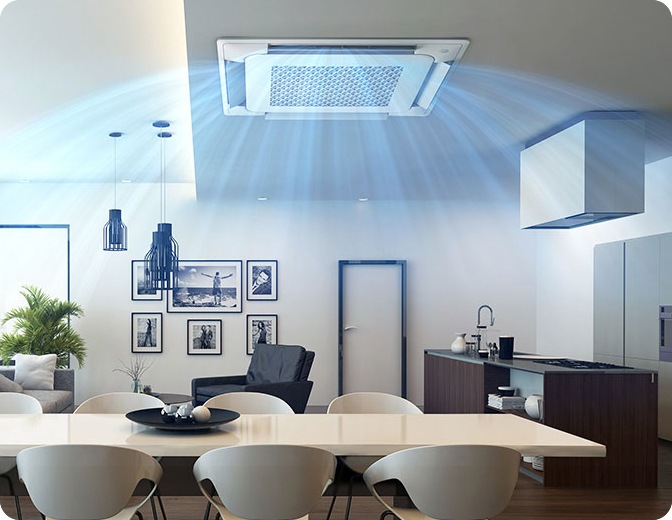 [거실에서 시스템에어컨 4wáý가 가동되고 있는 이미지.]