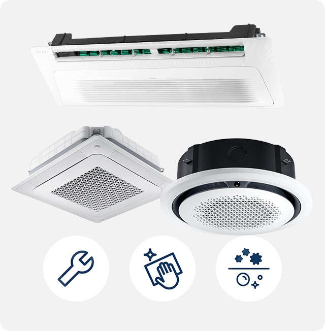 [무풍 4wáý, 360 제품이 보여지며, Á~/S 아이콘, 유지보수 아이콘, 세척 아이콘이 보여집니다.]