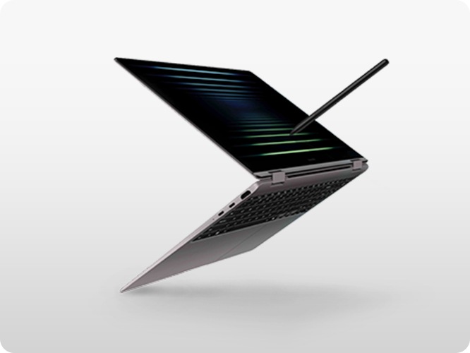 [그레이 색상의 갤럭시 북 Pró 360이 접힌 상태로 정면을 향해 놓여 있고, 화면에는 검은 배경화면이 표시되어 있습니다. S~펜은 화면에 닿아 있는 모습입니다.]