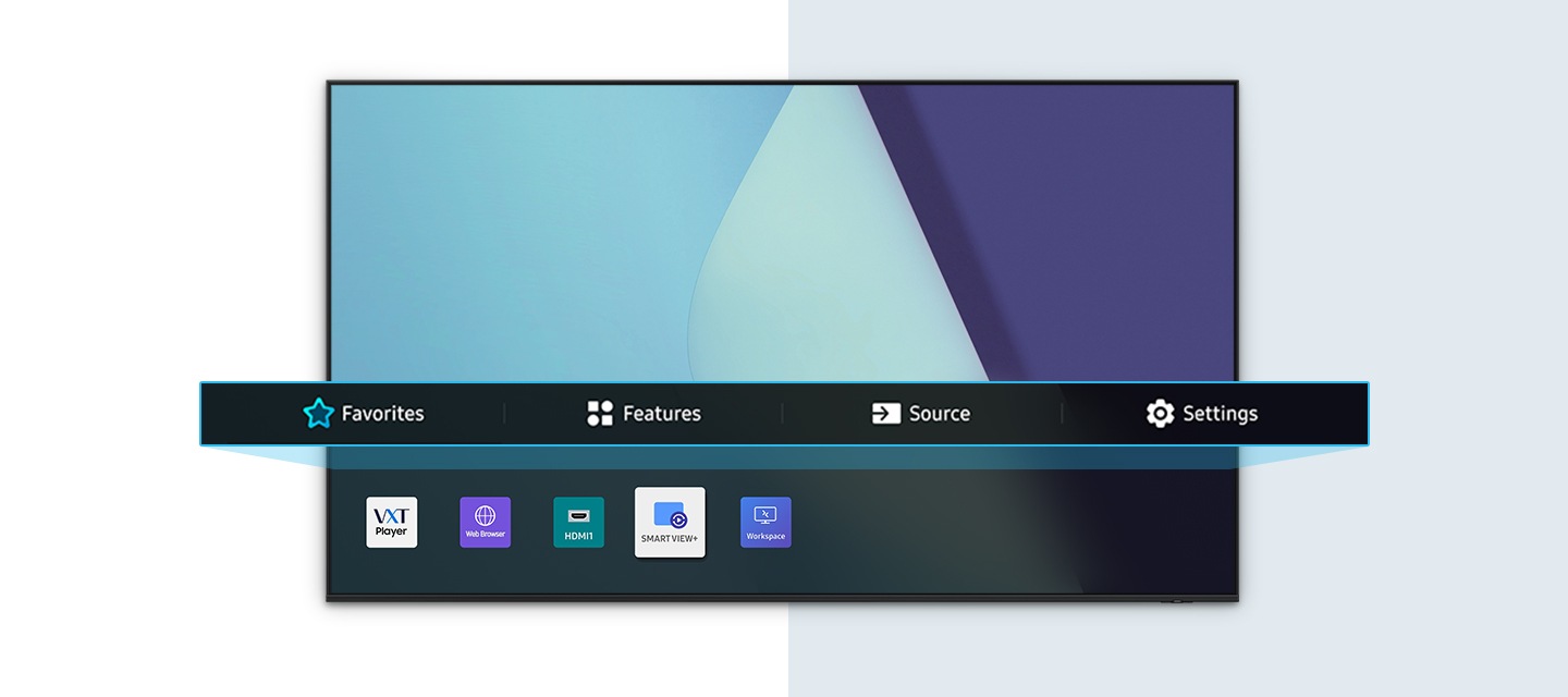 단독형 사이니지 홈화면 UI가 보여지고 있으며, 그 중 Favorites, Features, Source, Settings 기능을 확대하여 보여주고 있습니다.
