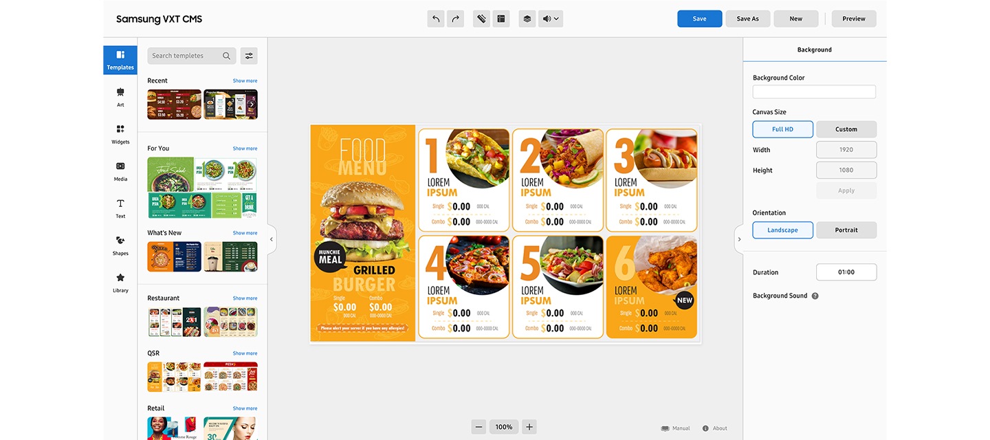 삼성 VXT CMS의 햄버거 가게의 메뉴 화면을 편집중인 UI 화면입니다. 