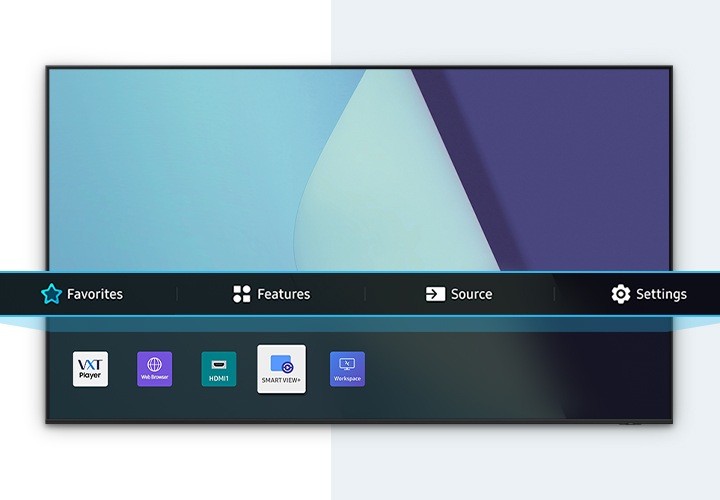 단독형 사이니지 홈화면 UI가 보여지고 있으며, 그 중 Favorites, Features, Source, Settings 기능을 확대하여 보여주고 있습니다.