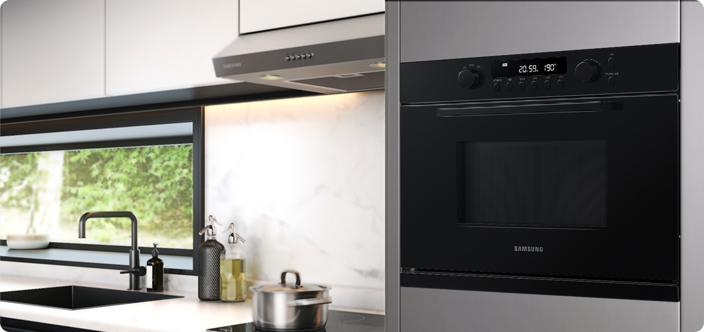 빌트인 오븐이 주방 내부에 빌트인되어 설치된 모습이 보여집니다.