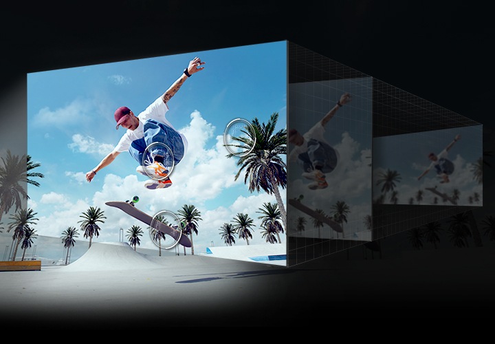 총 3번에 걸쳐서 화면이 반복되며 선명해지는 단계를 표현하고 있으며, 최종 화면에는 선명한 하늘을 배경으로 스케이트보드를 타는 남성의 모습이 선명하게 보여집니다.