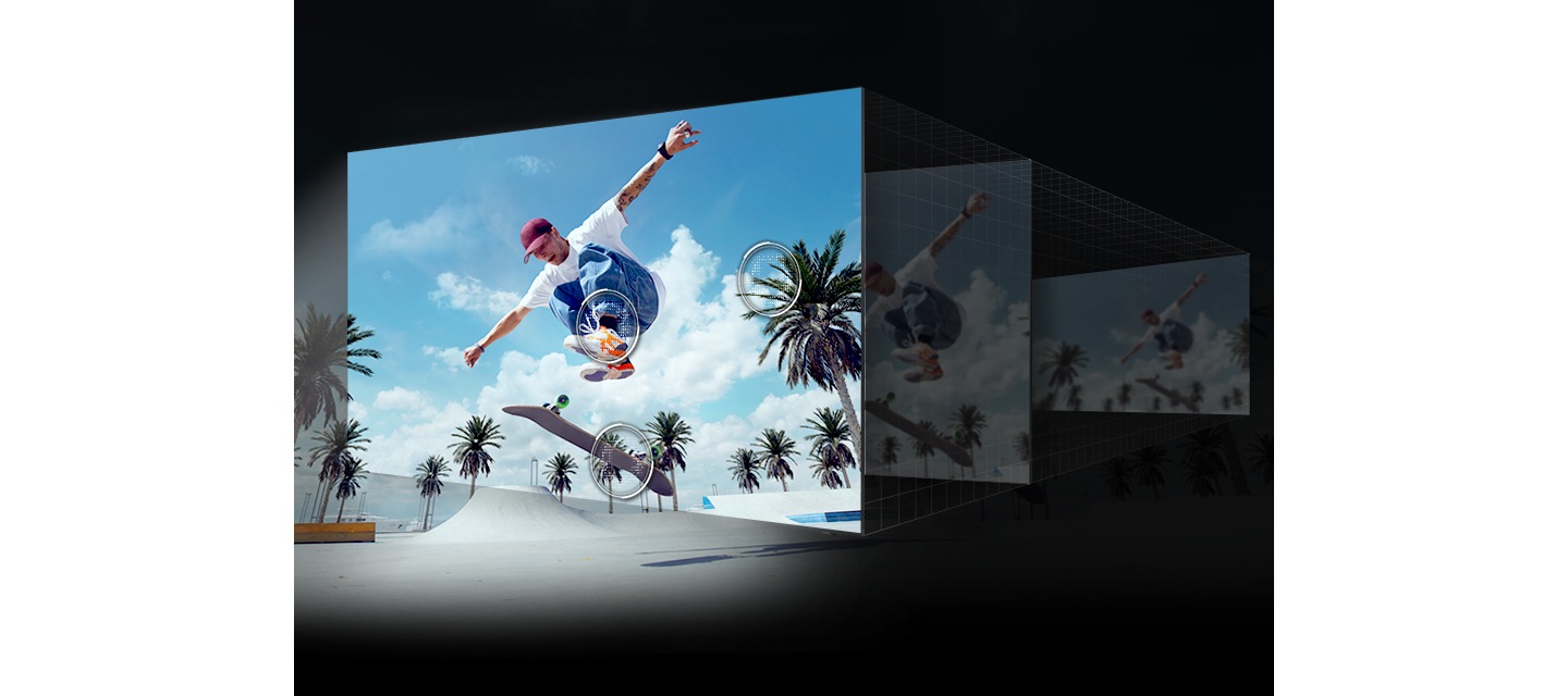 총 3번에 걸쳐서 화면이 반복되며 선명해지는 단계를 표현하고 있으며, 최종 화면에는 선명한 하늘을 배경으로 스케이트보드를 타는 남성의 모습이 선명하게 보여집니다.