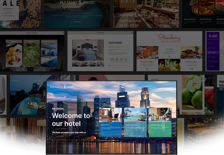 Welcome to our hotel 이라는 문구와 호텔의 시설 안내 화면이 송출중인 TV가 이미지 중앙 하단에 있고, 그 뒤로는 다양한 컨텐츠 화면들이 나열되어 보여지고 있습니다.