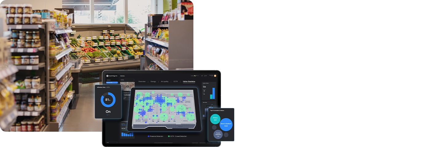 다양한 상품이 진열된 마트공간의 이미지 위로 해당 공간을 제어중인 태블릿 화면이 있습니다.