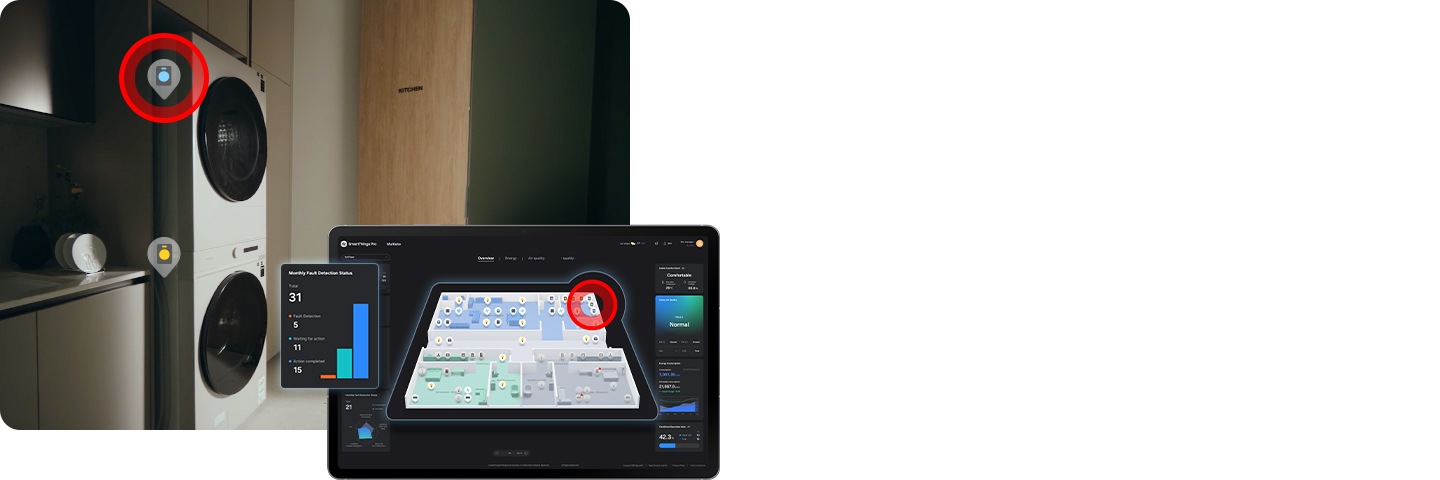 세탁건조기가 설치된 다용도공간의 모습이 보이고 그 위로 해당 공간의 가전기기를 제어중인 태블릿 화면이 있습니다.