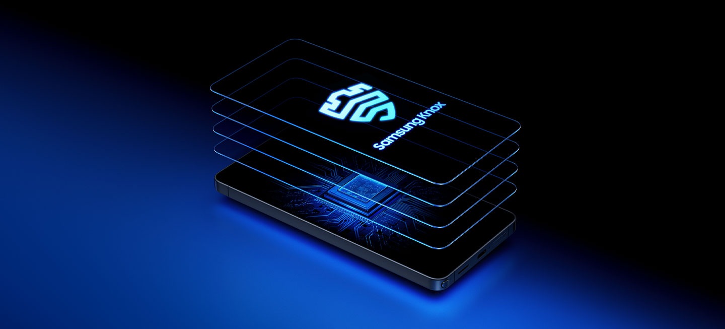 갤럭시 S26 울트라의 디스플레이 위에 여러 겹의 레이어를 띄워 삼성 Knox가 제공하는 다층 보안을 강조합니다.