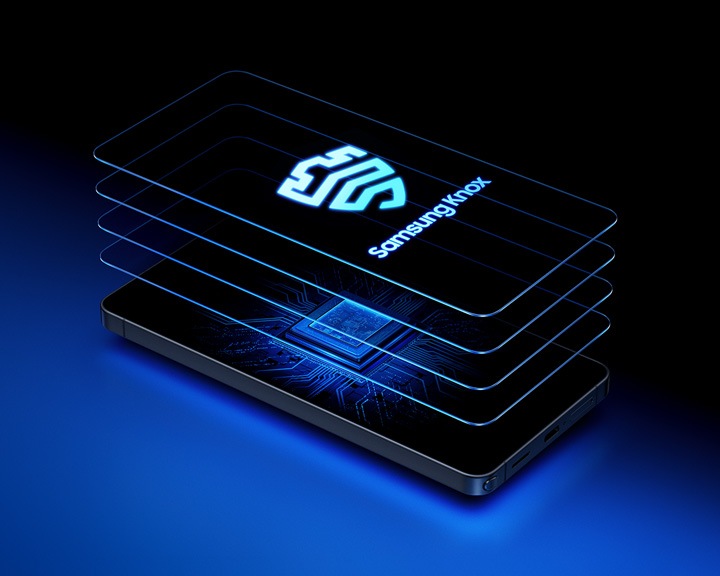 갤럭시 S26 울트라의 디스플레이 위에 여러 겹의 레이어를 띄워 삼성 Knox가 제공하는 다층 보안을 강조합니다.