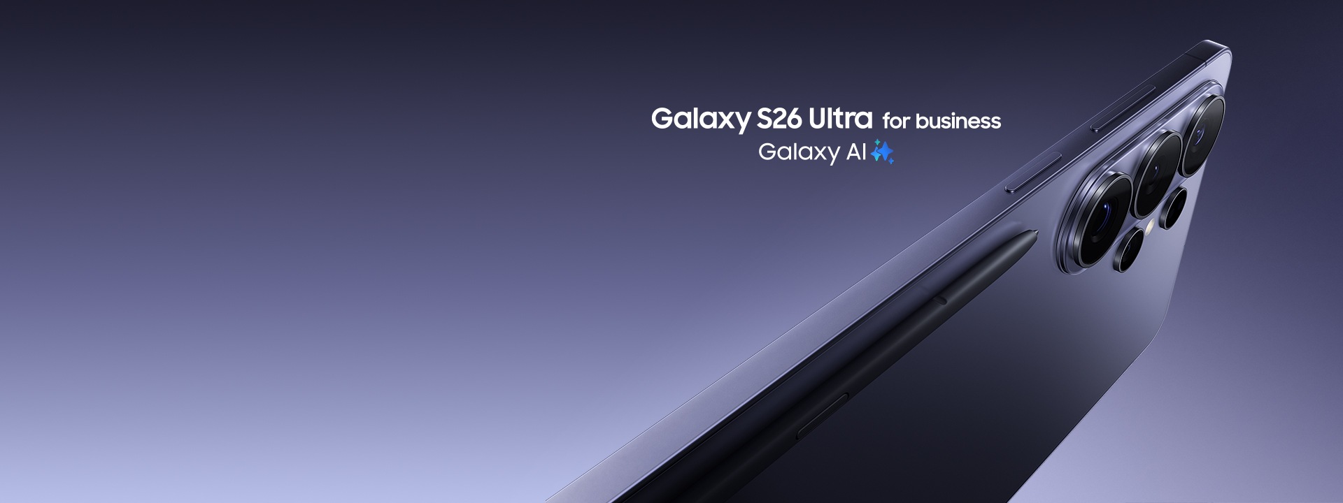 갤럭시 S26 울트라 코발트 바이올렛 2대가 전면과 후면이 겹쳐진 형태로 있으며, 제품 위에는 갤럭시 AI 로고가 있습니다.