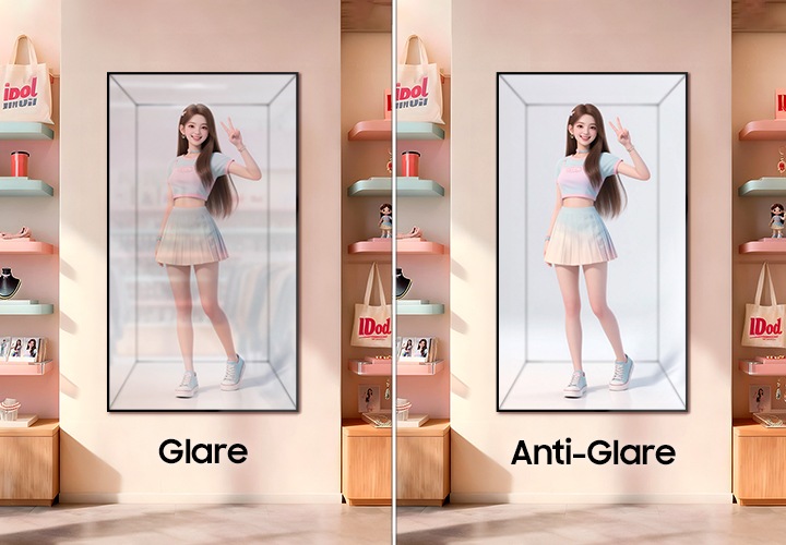 아이돌 소품샵 내부 벽면에 설치된 스페이셜 사이니지 화면으로 아이돌 이미지가 3D 버츄얼로 플레이되고 있으며, 왼쪽 화면은 화면에 공간이 비쳐보이고 있고, 오른쪽 화면은 화면에 공간비침 없이 깔끔하게 보이고 있습니다.