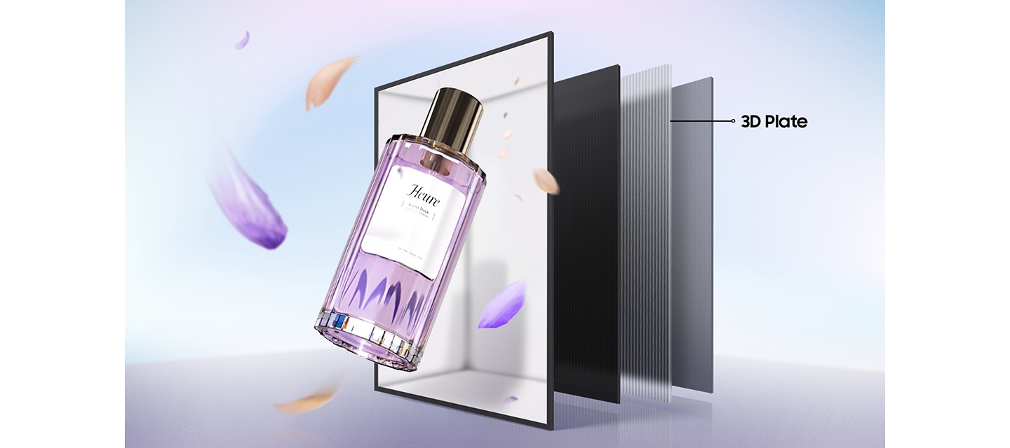 스페이셜 사이니지 화면을 총 4분할로 나누어 놓은 이미지의 3번째 판넬에 3D 플레이트라는 표기가 되어 있으며, 그 위로 화장품 병이 화면에 들어가는 듯한 연출이 되어있는 이미지입니다.