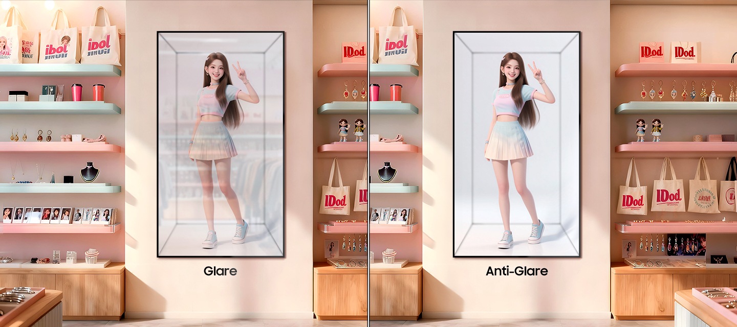 아이돌 소품샵 내부 벽면에 설치된 스페이셜 사이니지 화면으로 아이돌 이미지가 3D 버츄얼로 플레이되고 있으며, 왼쪽 화면은 화면에 공간이 비쳐보이고 있고, 오른쪽 화면은 화면에 공간비침 없이 깔끔하게 보이고 있습니다.