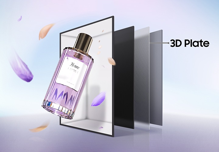 스페이셜 사이니지 화면을 총 4분할로 나누어 놓은 이미지의 3번째 판넬에 3D 플레이트라는 표기가 되어 있으며, 그 위로 화장품 병이 화면에 들어가는 듯한 연출이 되어있는 이미지입니다.