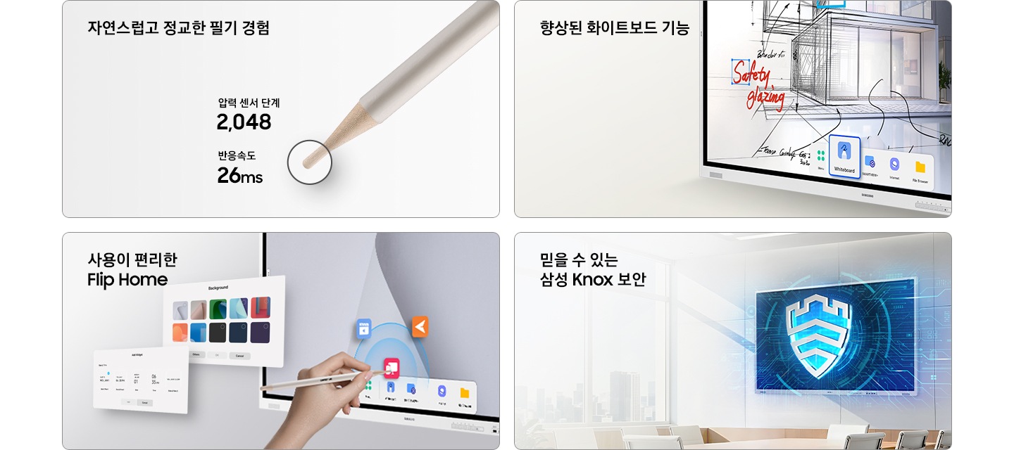 총 4개의 주요 특장점을 이미지와 함께 보여주고 있습니다. 왼쪽 상단부터 시계 방향으로 펜이미지와 압력센서 단계 2048, 반응속도 26ms를 표기하고 있고 상단에는 자연스럽고 정교한 필기 경험 이라는 타이틀이 있습니다. 두번째는 전자칠판의 화면을 확대해 보여주며 향상된 화이트보드 기능 이라는 타이틀이 있습니다. 세번째는 벽면에 설치된 전자칠판 위로 녹스 로고가 있으며, 믿을 수 있는 삼성 Knox 보안 이라는 타이틀이 있습니다. 마지막 이미지는 Flip Pro 전자칠판 화면에 필기 중인 손의 모습과함께 사용이 편리한 Flip Home 이라는 타이틀이 있습니다.