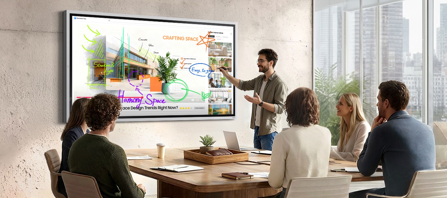 회의가 진행중인 회의실에서 한 남성이 정면 벽에 설치된 Flip Pro 전자칠판의 화면에 의견을 바로바로 스케치하며 프리젠테이션 중인 모습입니다.