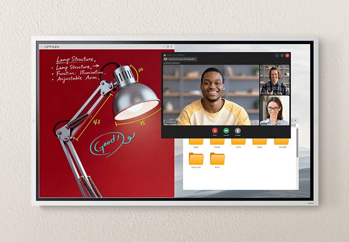 Fip Pro 전자칠판 화면 하나에 Zoom 회의 화면, 폴더 검색 화면, 이미지 작업 화면이 동시에 디스플레이 되어 있습니다.