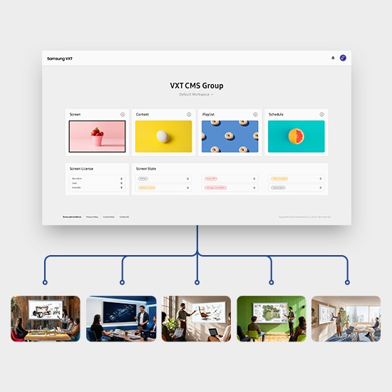 상단에는 VXT 메인 화면이 있고 아래로 다양한 회의화면이 연결되어 있습니다.