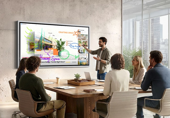 회의가 진행중인 회의실에서 한 남성이 정면 벽에 설치된 Flip Pro 전자칠판의 화면에 의견을 바로바로 스케치하며 프리젠테이션 중인 모습입니다.