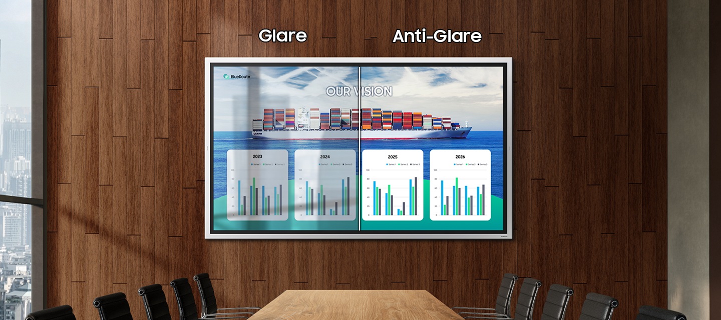 우드톤의 대형 회의실 정면 벽에 설치된 Fip Pro 전자칠판의 모습입니다. 화면의 왼쪽은 눈부심 방지 처리가 되지 않은 화면으로 화면위로 창밖 풍경이 비쳐보이는 모습이며, 오른쪽은 눈부심 방지 처리가 된 화면으로 아무것도 비치지 않아 내용이 선명하게 보이는 모습입니다.